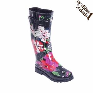Women Rubber Rain Boots, Faux Fur Lining Rose Garden Rainboots